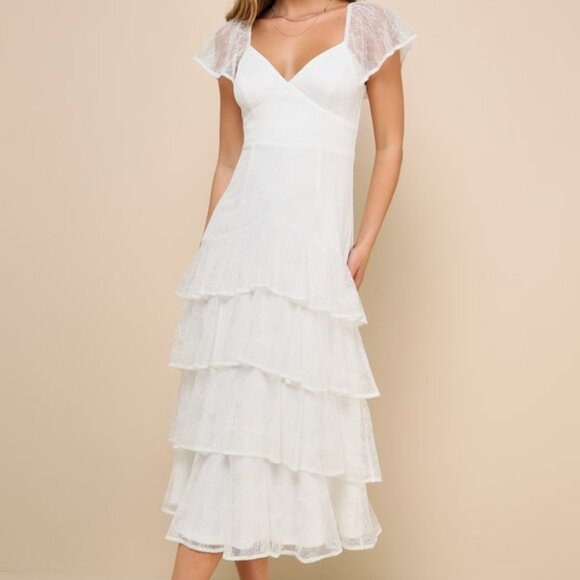 Lulus Graceful Darling White Lace Flutter Sleeve Tiered Midi Dress - Size S - Picture 1 of 6
